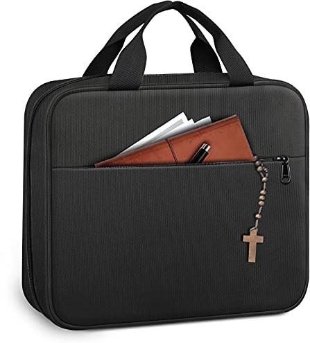 FINPAC Große Bibelhülle Bibelumschlag, Tragen Bibeltasche Bibel Buchumschlag Büchertasche, Kirchentasche, Bibelschutz mit Griff und Reißverschlusstasche für Männer Frauen Vater Kinder, (Schwarz)