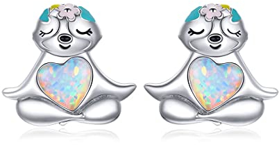 Presentski Opal Faultier Ohrringe Lächeln 925 Sterling Silber Bunte Blumen Nettes sitzendes Tier in Herzform Ohrstecker mit Platin überzogen Emaille Elegantes zierliches Geschenk für Frauen Mädchen