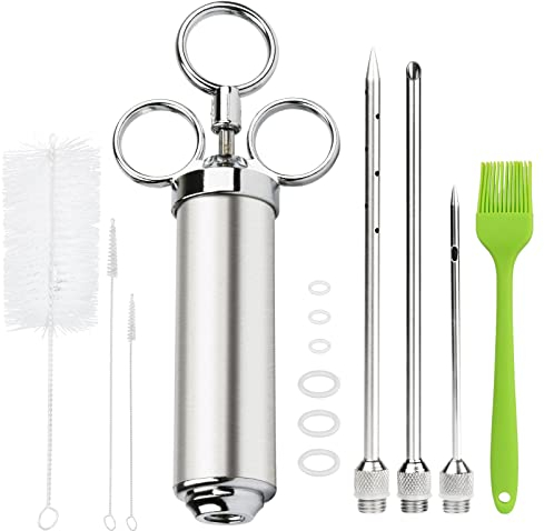 Seringue Alimentaire de Cuisine 60ml en Acier Inoxydable avec 3 Aiguilles de Marinade et 2 Nettoyeurs d'aiguilles, 6 Anneaux de Rechange en O, 1 Pinceau en Silicone