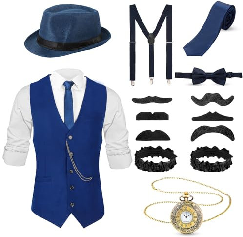 Blulu 1920er Herren Zubehör Gatsby Gangster Kleidung Kostüm Cosplay Outfit mit Weste Fedora Hut Taschenuhr Hosenträger Fliege für Mann Halloween Cosplay (L, Blau)