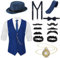 Blulu 1920er Herren Zubehör Gatsby Gangster Kleidung Kostüm Cosplay Outfit mit Weste Fedora Hut Taschenuhr Hosenträger Fliege für Mann Halloween Cosplay (L, Blau)
