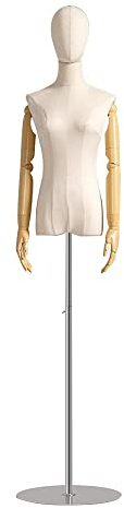 Schaufensterpuppe Schneiderpuppe Damen Abnehmbare Plastikarme Schneiderpuppe Stoff Baotou Schaufensterpuppe Höhenverstellbar Runder Sockel Leinen Halbkörper Mannequin Torso Kleiderständer (Silber M/M