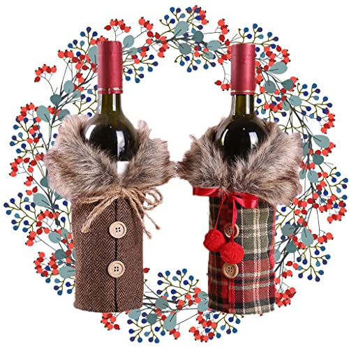 eBoutik – Set of 2 Fluffy Winter Festive Wine Cover Coat Gift Bags – Present or Table Wine Bottle Sweater Decorations for Xmas Party