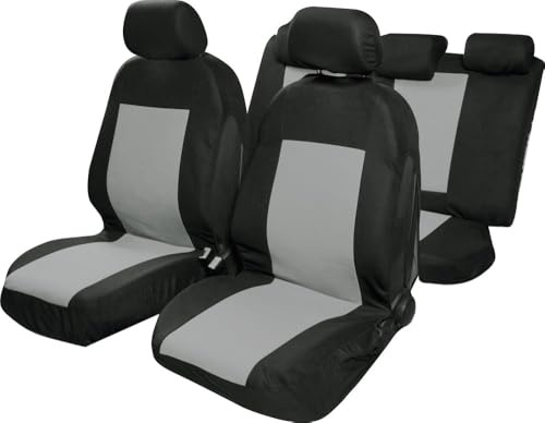 Start Komplettset Saturn Autositzbezüge, Universal-Airbag, Kopfstütze, Polyester, Komfortschutz, Schwarz, Grau