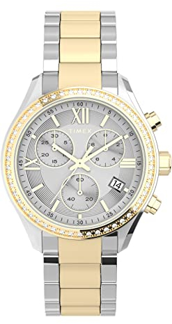 Timex Classic 38mm Armbanduhr für Damen, silberfarbenes Armband, Chronograph, Kristall, TW2V57700