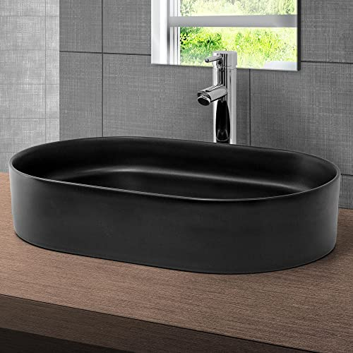ML-Design Waschbecken aus Keramik in Schwarz Matt 61x39,5x12,5 cm, Ovale Aufsatzwaschbecken, Moderne Waschtisch, Waschschale mit Abflussloch, Waschplatz Handwaschbecken, für Badezimmer/Gäste-WC