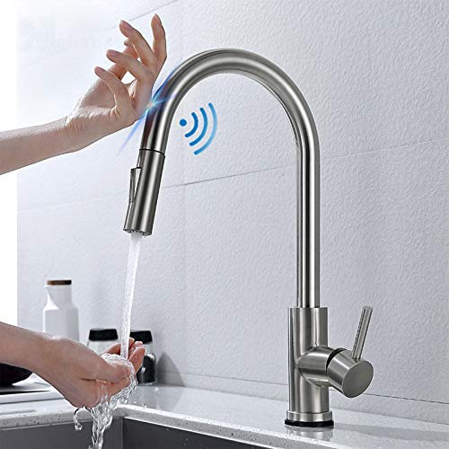 Mitigeur de cuisine, robinet de cuisine à capteur de commande tactile intelligent avec pulvérisateur à double fonction, rotatif à 360 ° en acier inoxydable 304 noir mitigeur d'évier de cuisine,