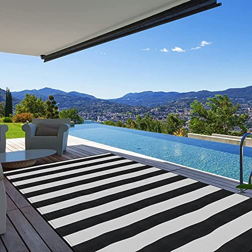 Pcinfuns Plastic Straw Rug,Patio Rugs RV Camping Rug Reversible Mat,8'x10' Large Floor Mat and Rug for Outdoor,Black and White Stripes