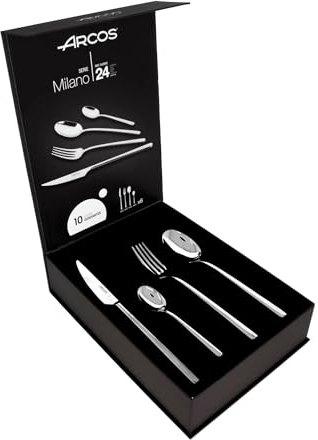 Arcos Serie Milano - Cubertería de 24 piezas en Caja de Regalo (6 Cuchillos + 12 Cucharas + 6 Tenedores) - Monoblock de una pieza en Acero Inoxidable - Color Plata