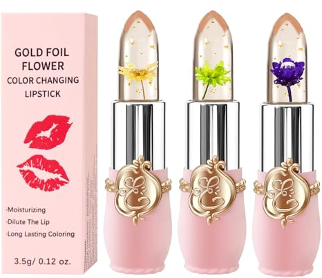 3 Packs Flower Jelly Lippenstift Set Magic Temperature Farbwechsel Lippenbalsam Langanhaltende Feuchtigkeitscreme Aloe Vera Flower Jelly Lippenstift Makeup Set (3PCS Set B)