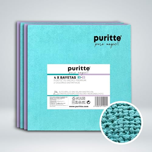 Puritte Pack de 4 Bayetas PU Micro Premium Paños de 2 Colores (2 Turquesa + 2 Lila) Suaves Especial Griferia, baños, sánicos, Muebles, encimera, Acero Inoxidable