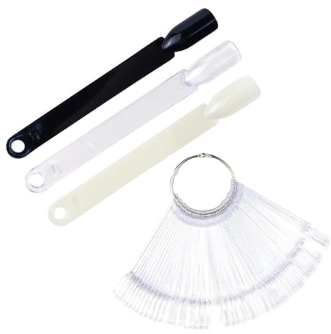 QIRUIRED 150Pcs Nail Art Tips Sticks with Metal Ring, Clear Black Natural, for Nail Salon & Beginners (Nail Colour Display Swatches)