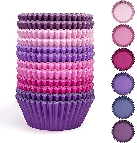 Gcardist 300 Stück Standard-Muffinförmchen Cupcake-Becher Lebensmittelqualität 6 einfarbige rosa violette Farben Muffinpapier Backförmchen Cupcake-Hüllen (Standardgröße)