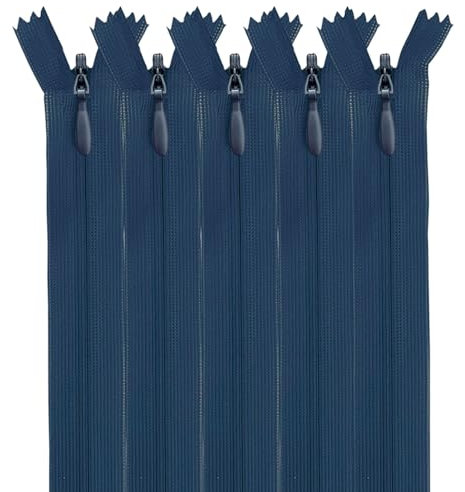 MARARDI [Pack 5] Cerniere Invisibili [Blu Navy] Nylon [25 cm] Chiusure Lampo per Cucito e Artigianato per Stoffa Vestiti Borse per Cucire a Macchina Tessuto di Cotone con Chiusura in Metallo