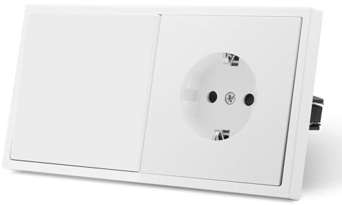 MVAVA Lichtschalter Unterputz, Standard Lichtschalter mit Schuko Steckdose 1 Fach 1 Weg, Kunststoffe Wandschalter 80mm x 150mm, Weiß