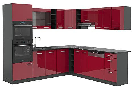 Vicco Eckküche R-Line, Bordeaux Hochglanz/Anthrazit, 237 x 247 cm, AP Anthrazit