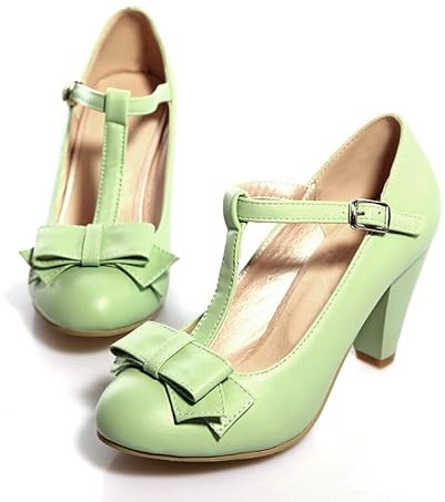 Elbslutt Damen Cute Retro Rockabilly Schuhe T Strap Mary Janes Heels Chunky Cosplay Schuhe Sweet Block Heel Bow Pumps, Retro Grün, 39 EU