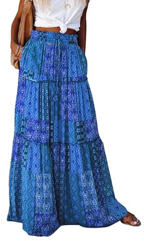 Timuspo Maxirock Damen Lang Sommer Hohe Taille Maxi Skirt Boho Lässig Plissee A-Linie Midirock Knielang Sommerrock mit Taschen Boho-Dunkelblau L
