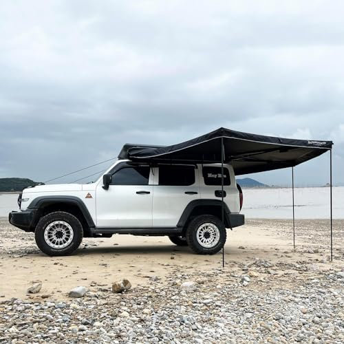 Free Standing Side Awning,2 Meters SUV Camping Canopy, 4WD Vehicle Aluminum Frame Free Pole Awning, Lightweight Black Color Mounted,Universal Truck Van Off-Road Car Roof Rack (270 degree 200x200cm)