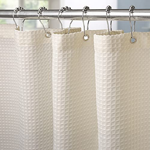 Waffel Duschvorhang mit Metall Duschvorhangringe Stoff Textil Badewannenvorhang Anti Schimmel Bad Vorhang Set Wasserdicht Badewanne Vorhang Schwerer Shower Curtain Badezimmer - 152 x 214cm (Creme)