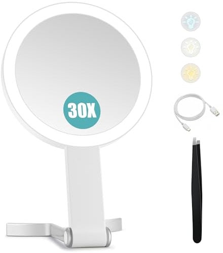 B Beauty Planet Reisespiegel mit 30-facher/1-facher Vergrößerung, doppelseitig wiederaufladbar, einstellbare Helligkeit, 3-farbige Beleuchtung, faltbar, Handheld/Hängen/Tischplatte, 3 Möglichkeiten