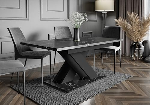 Extendable Dining Table, Black Royal Marble Effect, 140-180x80x75 cm | 6-8 Seater, Modern Rectangular Kitchen & Dining Room, Space-Saving Design, Matt Surface
