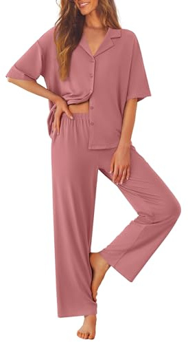 Ekouaer Women Pajamas Set Button Down Sleepwear Short Sleeve Pjs Soft Comfy Nightwear with Long Pants,Old Rose,M