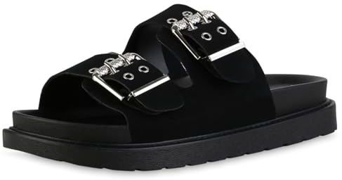 VAN HILL Damen Pantoletten Plateau Schnallen Trendy Schuhe 217443 Schwarz 38
