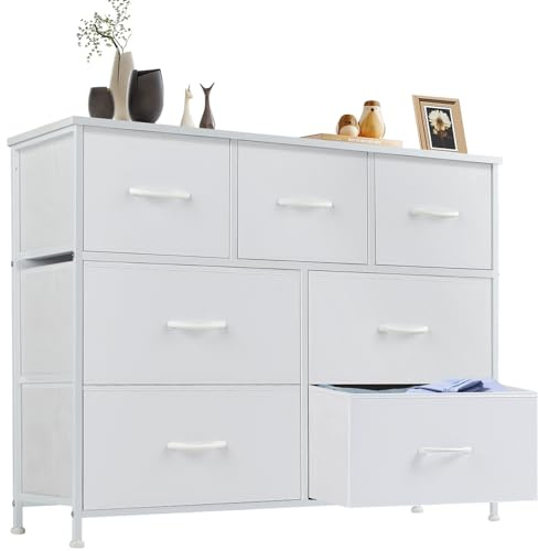 DUMOS Kommode für Schlafzimmer mit 7 Stoffschubladen hohe Kommode Organizer für Kleidung Schrank Kinderzimmer Aufbewahrungsturm mit Schrank Metallrahmen Holzplatte leichte Kinderzimmermöbel