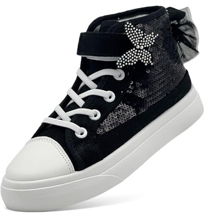 sharllen Girls Trainers Kids High Top Canvas Shoes Glitter Sequins Bowknot Pumps Easy Fasten Lightweight Casual Sneakers(Black 200)