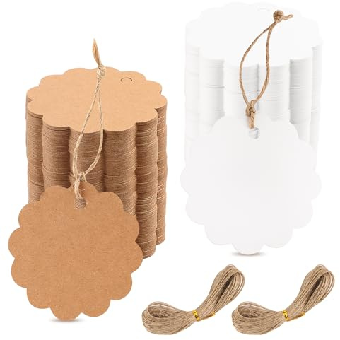 200 Stück Geschenkanhänger Kraftpapier | Kraftpapier Anhänger Runde Beschriften mit 40 Meter Jute Schnur für Handmade,Geschenkdeko,Hochzeit Geschenk (Braun, Weiß)