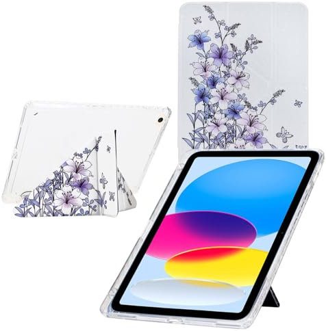 TEDTIKJT Funda para iPad 9.7 6th/5th Generation (2017/2018)/iPad Air 2 Carcasa Folio Cover Acrílico Y-Origami Múltiples ángulos de Visión Función de Soporte Patrón Pintado Funda,Flores Moradas