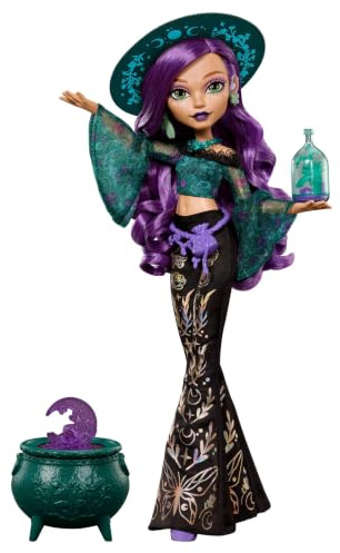 Monster High Puppe, Moonspell Magic Willow Thorne | Naturhexe mit grünem Oberteil, gemusterter Hose, Kessel-Überraschung, Zubehör wie Kräuterglas, Hut & Zauberbuch, JMB92