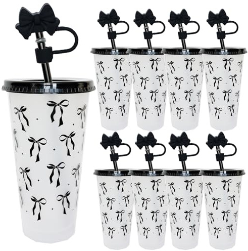 dididudi 8Pcs 24oz Bow Plastic Cups with Lids,Straws&Straw Caps, 710ML PP Reusable Tumblers for Cold Drinks,Reusable Tumbler Cup Bow Tie Cold Cups for Wedding Baby Shower Birthday Party Decor (Black)