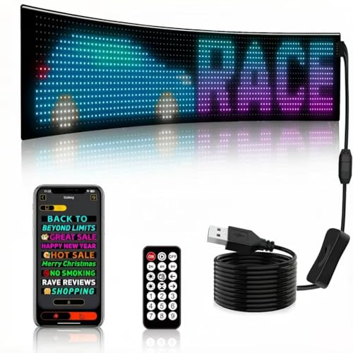 BARCELONA LED Pantalla LED Flexible Programable 89x19cm USB Bluetooth APP Control 5V IP65 Impermeable Ultra Fina Curvable para Texto Animaciones Publicidad Vehículos Escaparates con Mando