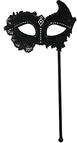 Bristol Novelty Masque avec Dentelle, en Pet, Polyester, Tissu, Pierre en Acrylique, avec bâton en Plastique, Noir, Taille Unique Halloween
