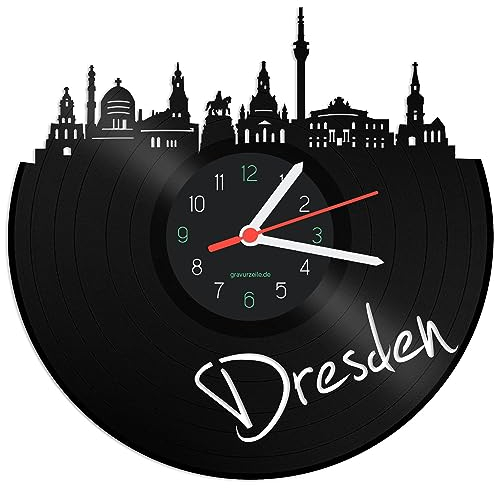 GRAVURZEILE Schallplattenuhr - Skyline Dresden - Wanduhr aus gegossenem Vinyl mit Stadt Skyline 30 cm - Upcycling Design-Uhr Wand-Deko Vintage Wand-Dekoration Retro-Uhr - Made in Germany