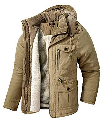 Mr.Stream Herren Winterjacke viele Taschen Mantel Fleecefutter schützendem Innenfutter Wärmejacke Lange Jacke Parka S Khaki