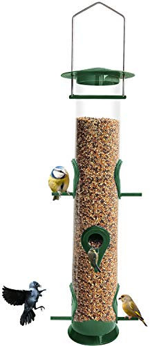 Urban Deco Bird Feeders Hanging Plastic Tube and Niger Seed Feeder With 6 Ports, Steel Hanger, Weatherproof, For Small Birds - Green - 1 Pack