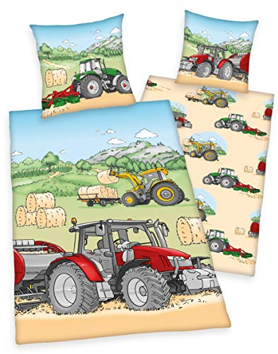 Arle-Living Kinder Wende Bettwäsche Traktor 135x200 cm + 80x80 cm (Renforcé)