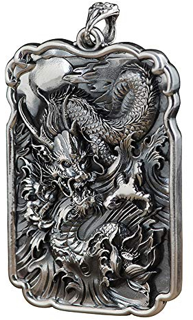 ForFox Bijoux orientaux pendentif dragon chinois asiatique en argent sterling 990 noir pour hommes