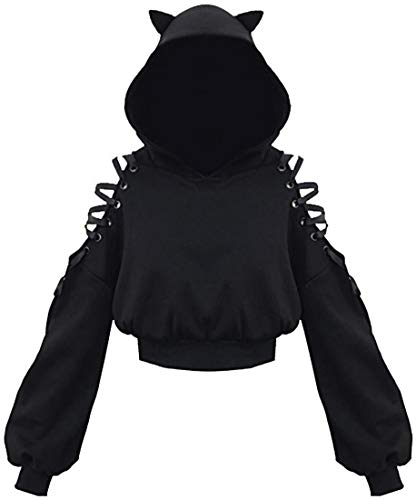 EUDOLAH Felpa Corta Leggera da Donna Ragazza con Cappuccio a Orecchi di Gatto e Spalle Scoperte e Nastri(M,A A Nero)