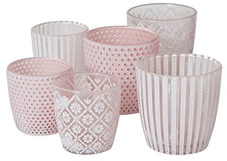 Seaside No.64 - Lot de 6 photophores en verre de 7 à 9 cm - Photophore pour ambiance romantique - Bougeoir avec 3 designs en 2 tailles - Ornements en cristal rétro - (rose, ensemble)