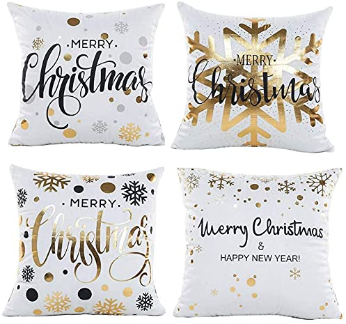 GYISANA 4er Set Dekorativ Kissenbezug Baumwolle Leinen Kissenhülle Dekokissen Sofakissen für Couch, Auto, Schlafzimmer 45x45 cm (Weiß Weihnachten)