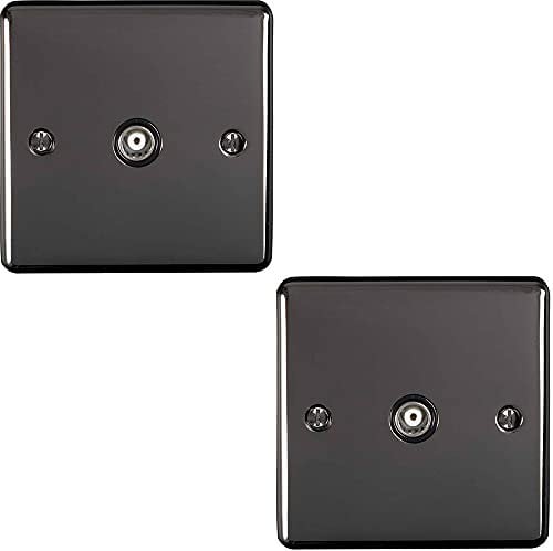 2 PACK | Single Aerial RF Coaxial Socket/Female Wall Plate – BLACK NICKEL & Black Trim – 1 Gang TV Outlet For Digital & Analogue Signals
