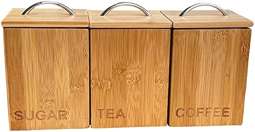 Tea Coffee Sugar Canister Lidded Storage Jars, Kitchen Organiser Set Wooden Kitchen Canister Set with Lids Wood Organiser Camper Van Camping Sachet Organizer