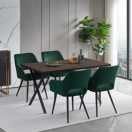 TUKAILAI Esszimmergruppe Esstisch Holz und 4 Stühlen mit Armlehne, Rechteckiger Küchentisch mit X-förmige Metallbeine und Esszimmerstuhl Set aus Samt, Essgruppe (Tisch 120cm + Stühle Set Grün)