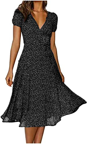 Sommerkleid Damen Kurzarm Strandkleid Blumenkleid Boho Kleid V Ausschnitt Elegant Blumen Kleider Freizeitkleid A Linie Lang Maxikleider Sommer Strand Frauen Festlich Cocktail Partykleid (Black, M)