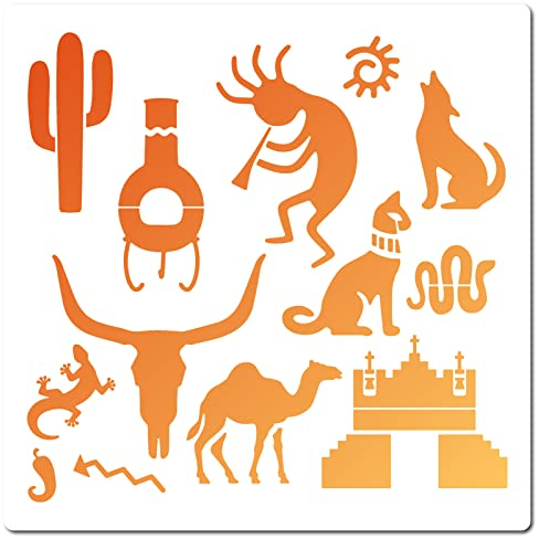 GORGECRAFT 30x30cm Ägyptische Hieroglyphen-Schablonenschablone Ägyptische Katze Kamel Tiere Muster Große Quadratische Schablonen Wiederverwendbares Kunststoffschild Malen Auf Holz Wand Möbel Boden