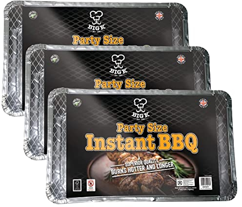 Big K Disposable Instant BBQ Tray - Pack of 3 Party Size All In One Barbecue Instant Light Charcoal Grill Trays with Topline Card. Ideal for Garden BBQs, Camping, Outdoor Party, Picnics.